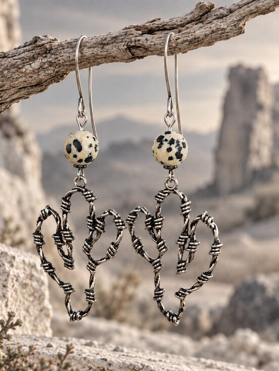 Hand Crafted Jewelry - Dalmatian Jasper Cactus Earrings Antiqued Silver Hand Crafted